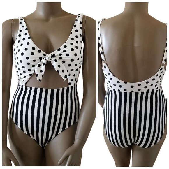 Pin-Up Polka Dot Striped Tie Front Keyhole Cheeky 1-Pc Swimsuit XL White Black - Picture 5 of 16
